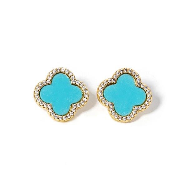 Jewelry - COPY - TURQUOISE QUATREFOIL/CLOVER EARRINGS WITH PAVE CRYSTALS